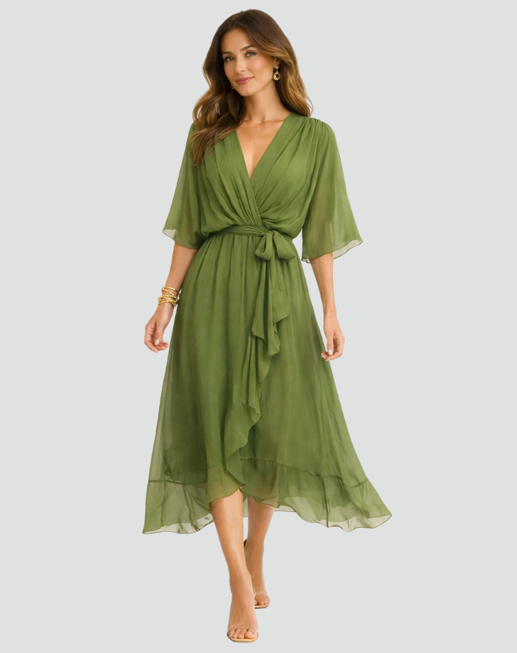 Midikleid Damen Wickelausschnitt Taillenschleife Gala 2
