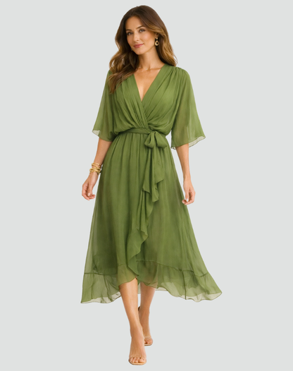 Midikleid Damen Wickelausschnitt Taillenschleife Gala 2