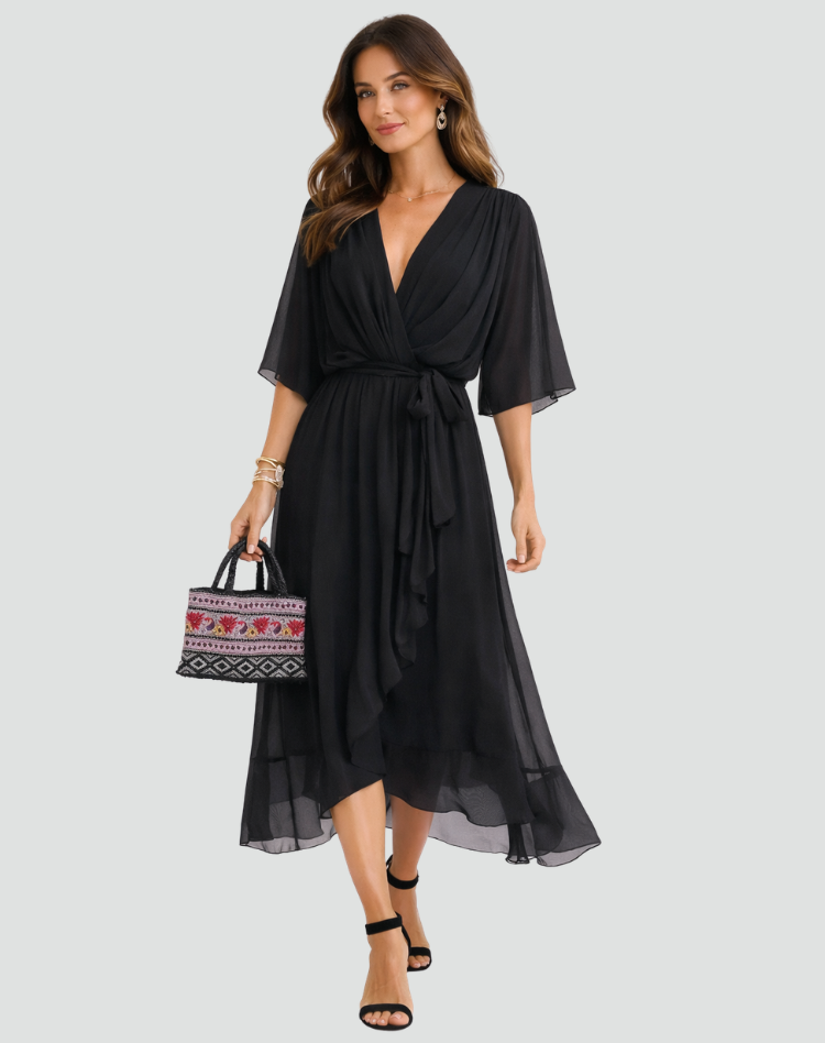 Midikleid Damen Wickelausschnitt Taillenschleife Gala 3