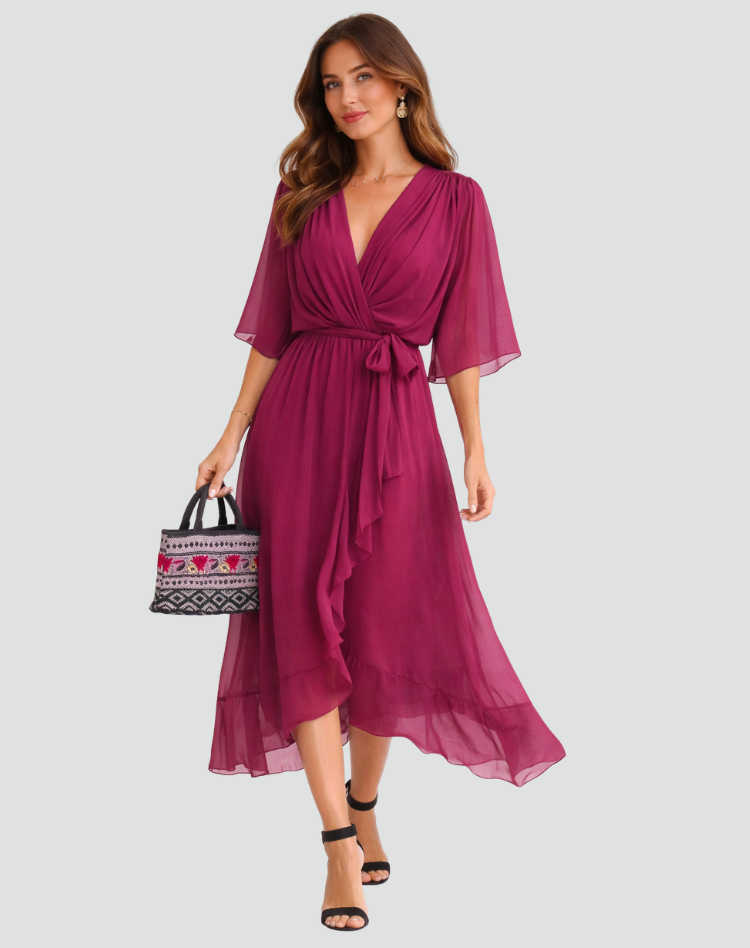 Midikleid Damen Wickelausschnitt Taillenschleife Gala 4