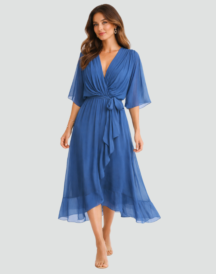 Midikleid Damen Wickelausschnitt Taillenschleife Gala 5