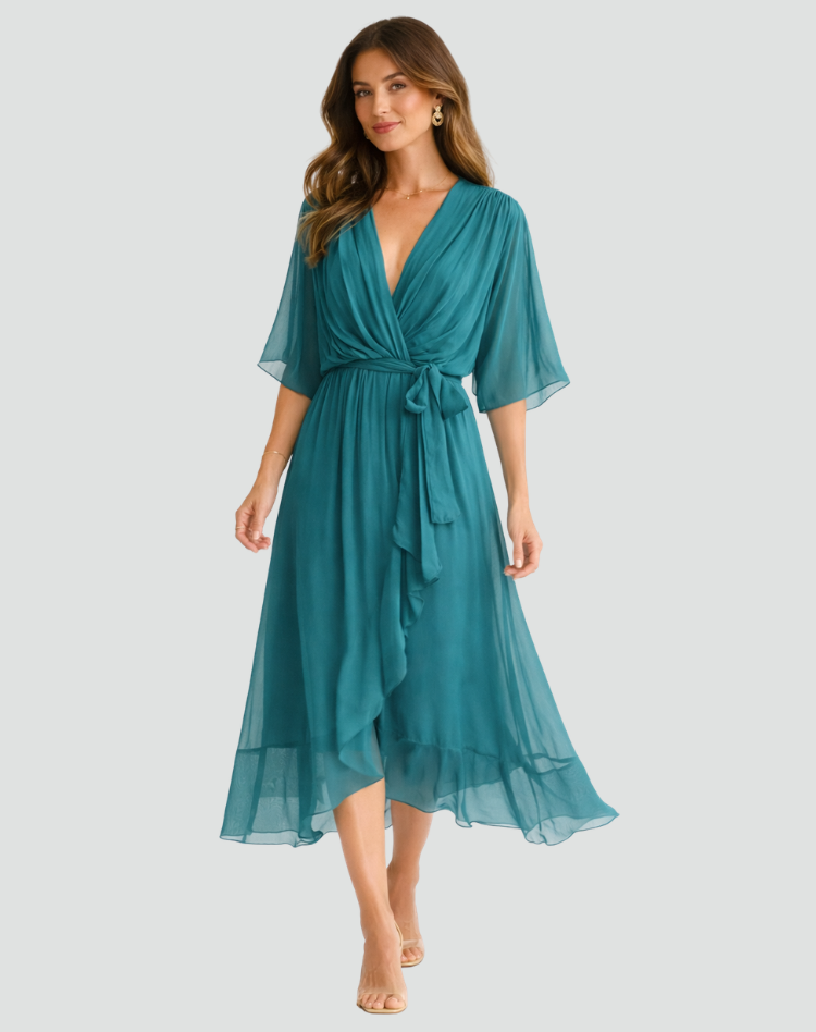 Midikleid Damen Wickelausschnitt Taillenschleife Gala 6