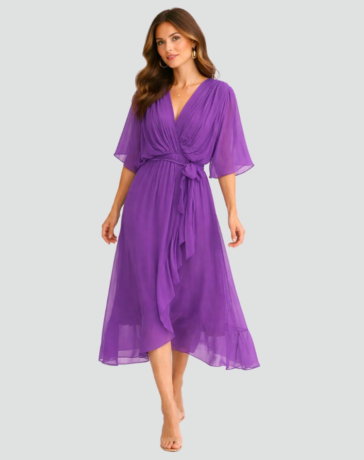 Midikleid Damen Wickelausschnitt Taillenschleife Gala 7