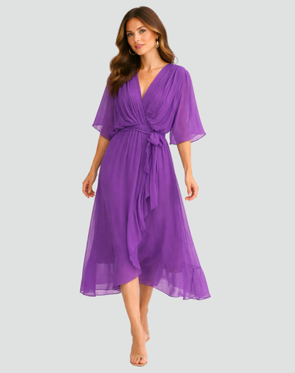 Midikleid Damen Wickelausschnitt Taillenschleife Gala 7