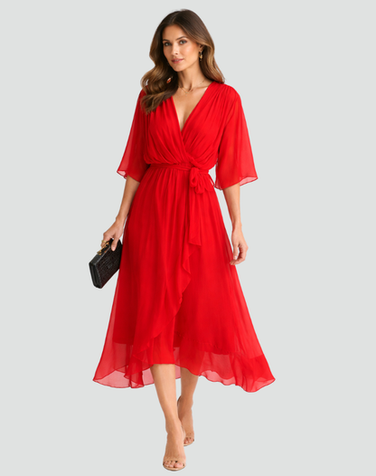 Midikleid Damen Wickelausschnitt Taillenschleife Gala 8