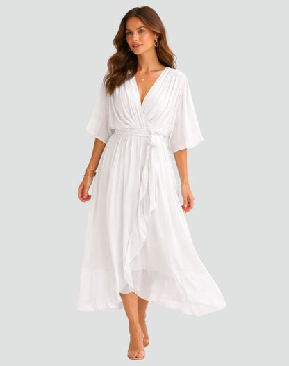 Midikleid Damen Wickelausschnitt Taillenschleife Gala 9