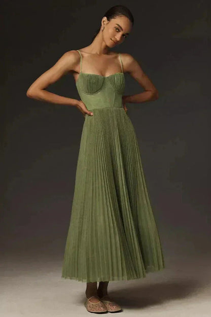 Olivgrünes Plissiertes Midikleid | Festliche Kleider Damen 0