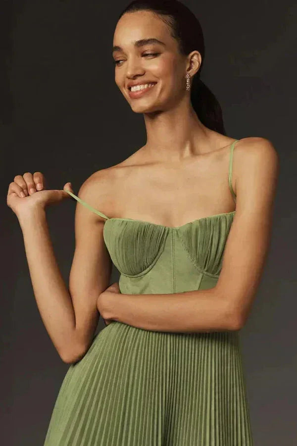 Olivgrünes Plissiertes Midikleid | Festliche Kleider Damen 1