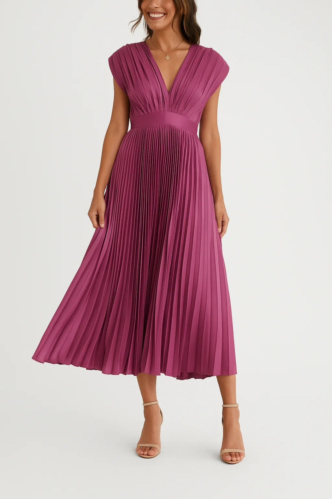 Plissiertes Midikleid mit V-Ausschnitt und Taillenband 0