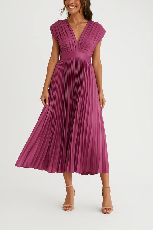 Plissiertes Midikleid mit V-Ausschnitt und Taillenband 0