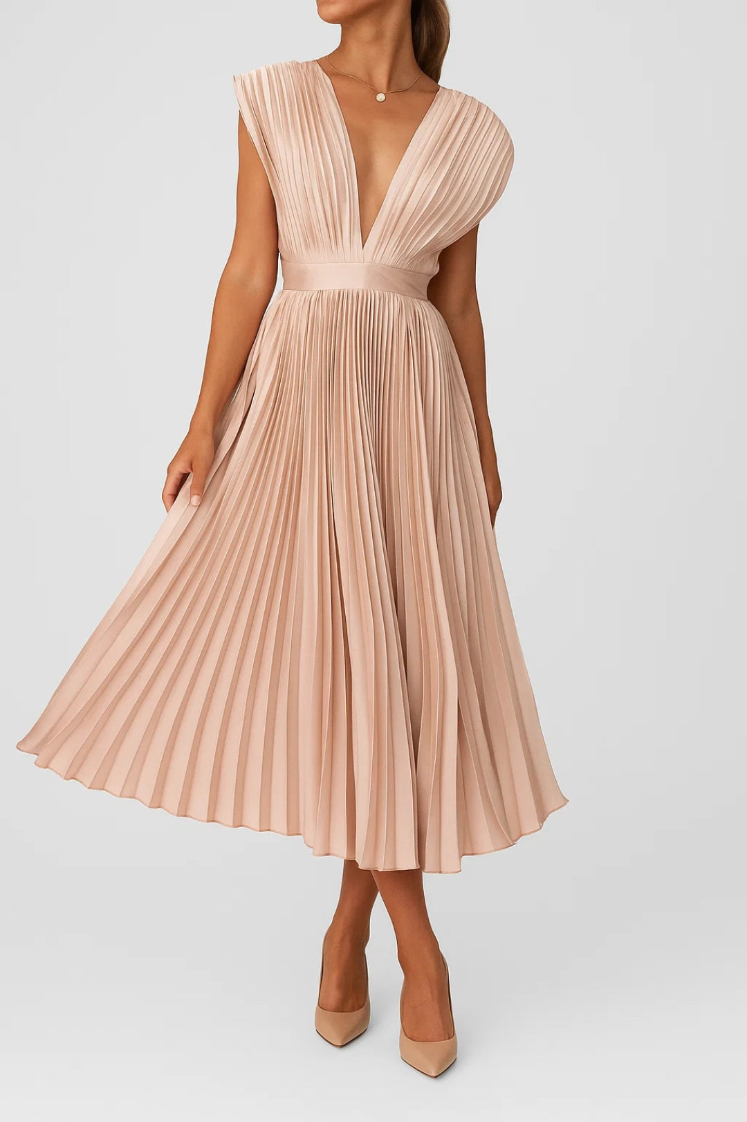 Plissiertes Midikleid mit V-Ausschnitt und Taillenband 1