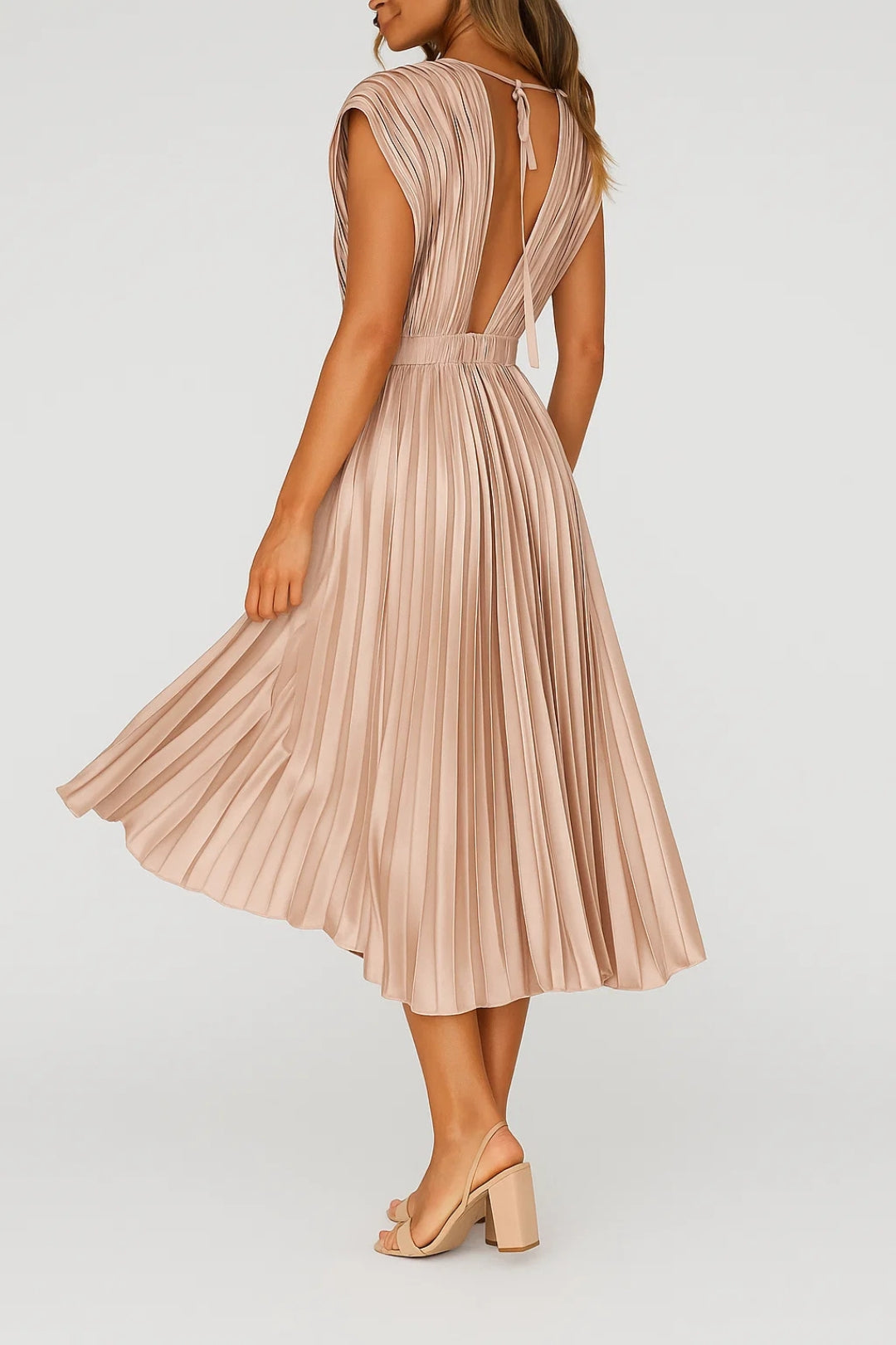 Plissiertes Midikleid mit V-Ausschnitt und Taillenband 2