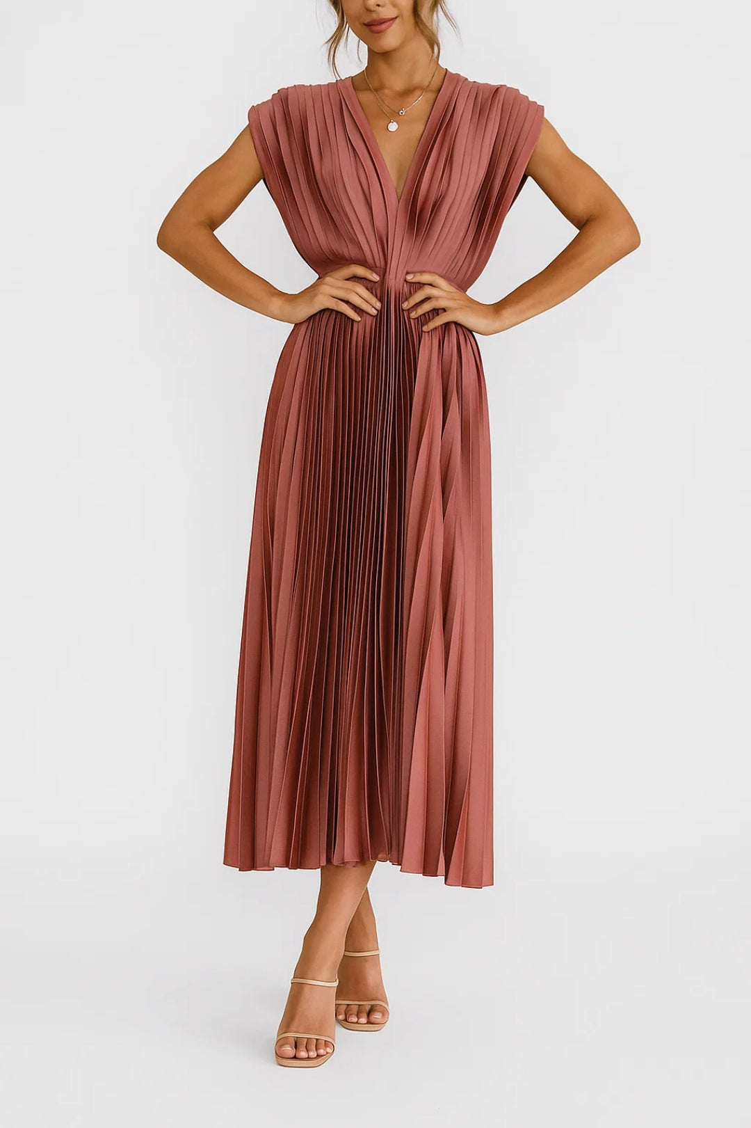 Plissiertes Midikleid mit V-Ausschnitt und Taillenband 3