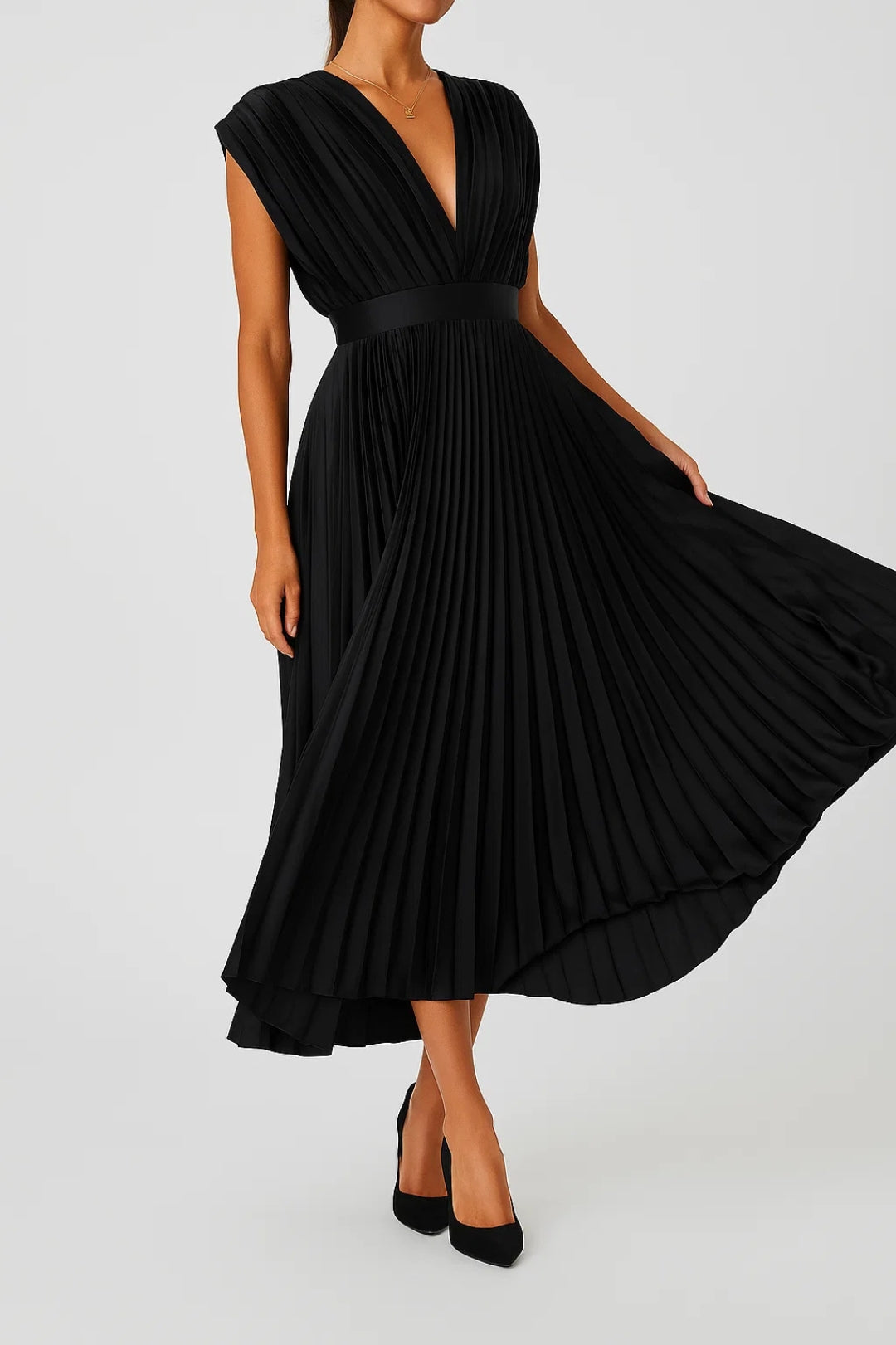 Plissiertes Midikleid mit V-Ausschnitt und Taillenband 4