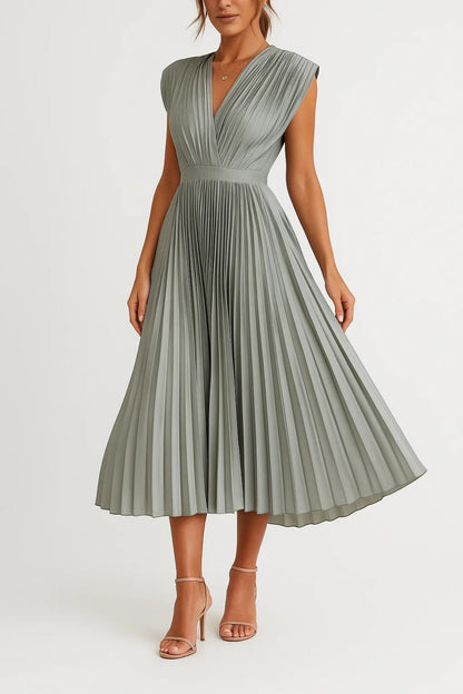 Plissiertes Midikleid mit V-Ausschnitt und Taillenband 5