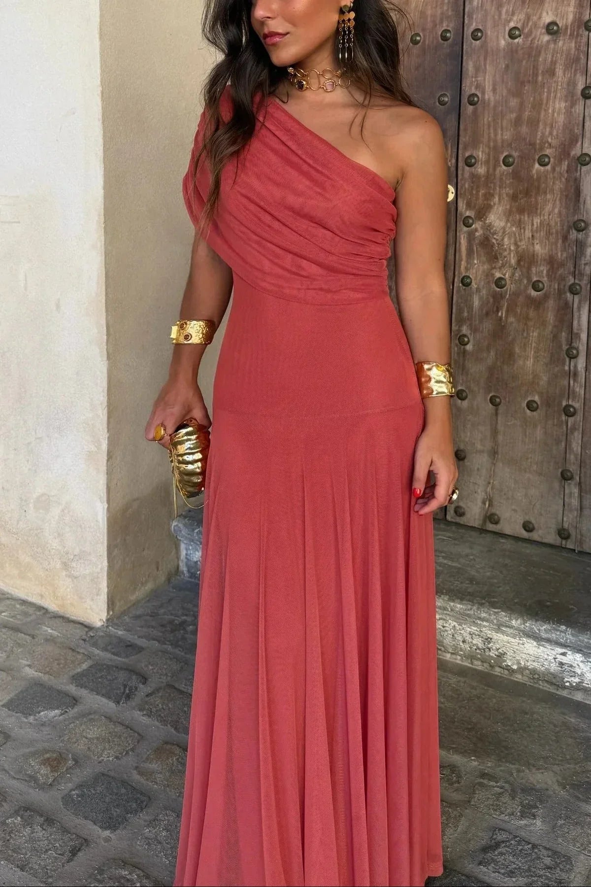Plissiertes Sommerkleid mit einem Schulterträger für Damen 4
