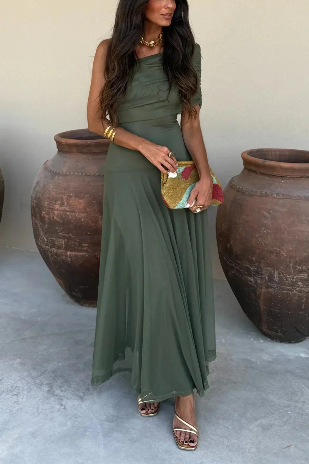 Plissiertes Sommerkleid mit einem Schulterträger für Damen 9