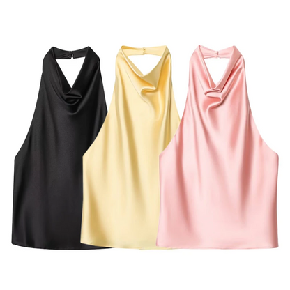 Schwarzes Satin Halter Top | Damen Strandoberteil