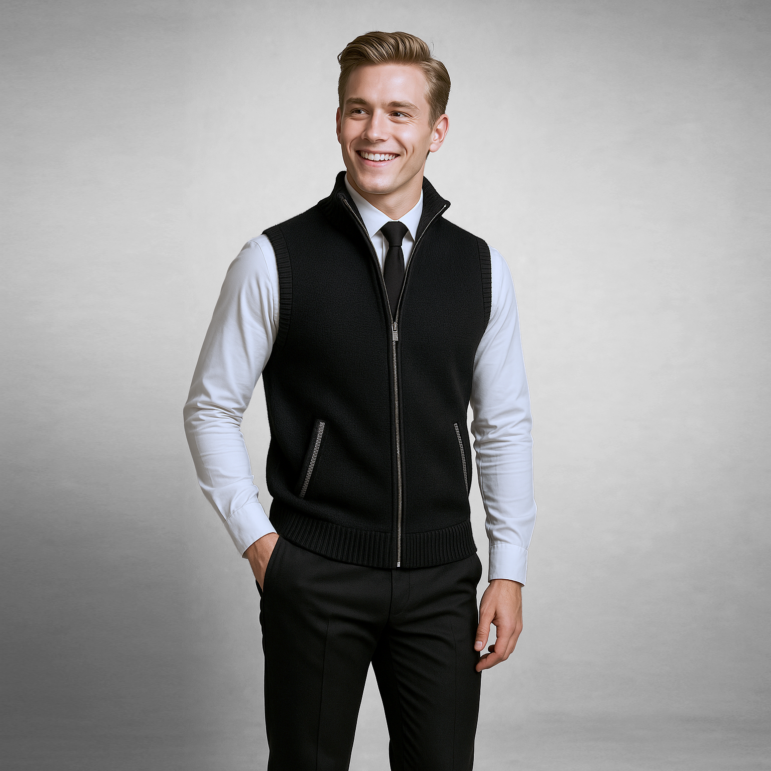 Strickweste Herren | Ärmelose Weste mit Reißverschluss und Stehkragen 1