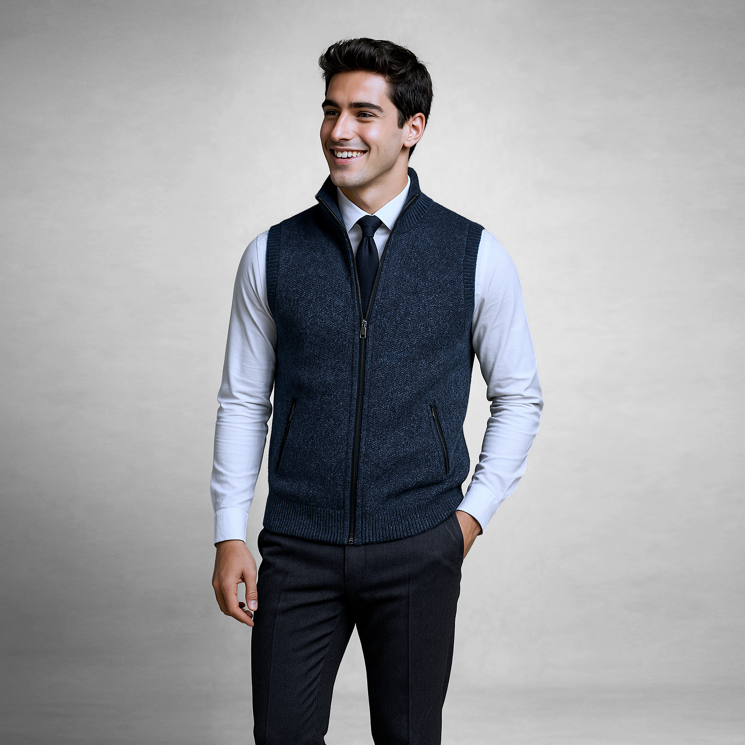 Strickweste Herren | Ärmelose Weste mit Reißverschluss und Stehkragen 3