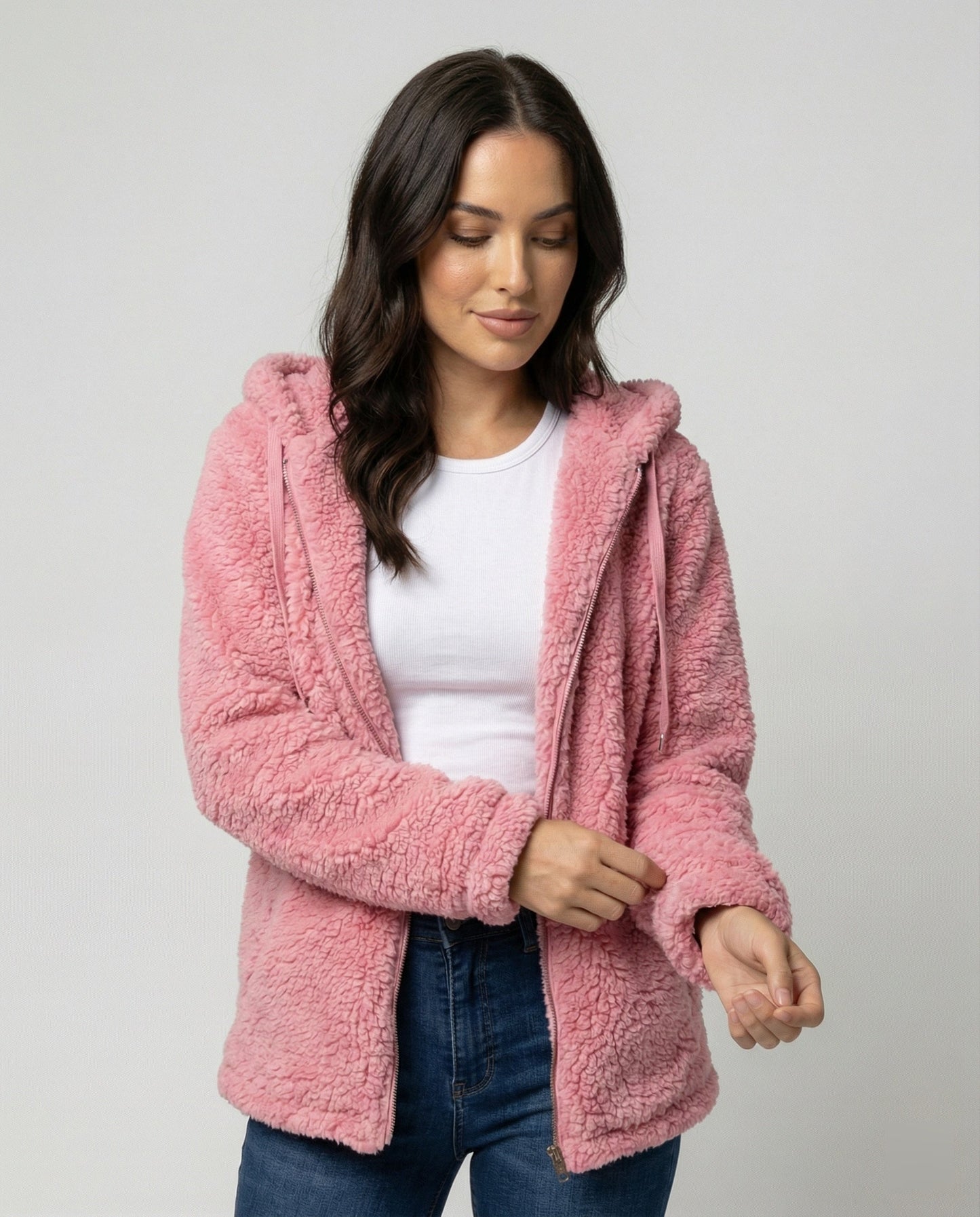 Teddyfleecejacke Damen Lang | Warme Fleecejacke mit Kapuze 0