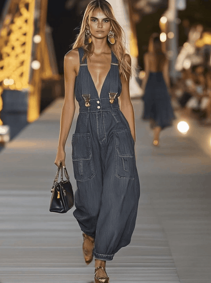 V-Ausschnitt Denim Jumpsuit | Modischer Overall für Damen 1