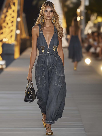 V-Ausschnitt Denim Jumpsuit | Modischer Overall für Damen 2