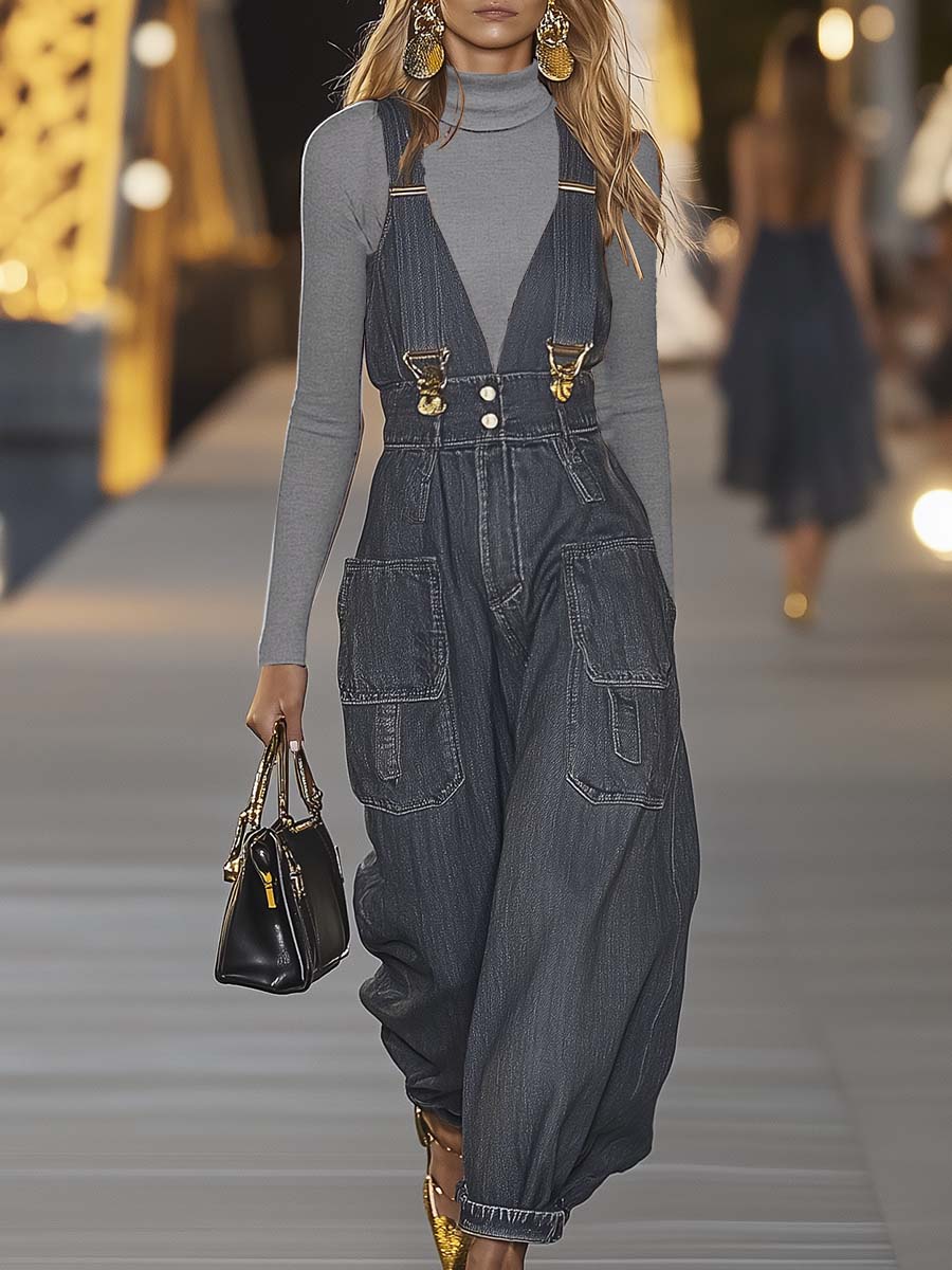 V-Ausschnitt Denim Jumpsuit | Modischer Overall für Damen 3