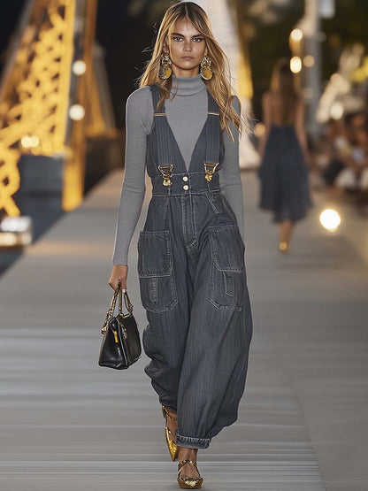 V-Ausschnitt Denim Jumpsuit | Modischer Overall für Damen 4