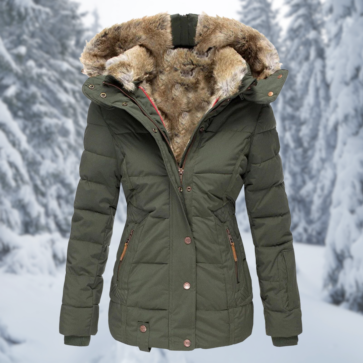 Winterjacke Damen Tailliert mit Kapuze und Reißverschlusstaschen 0