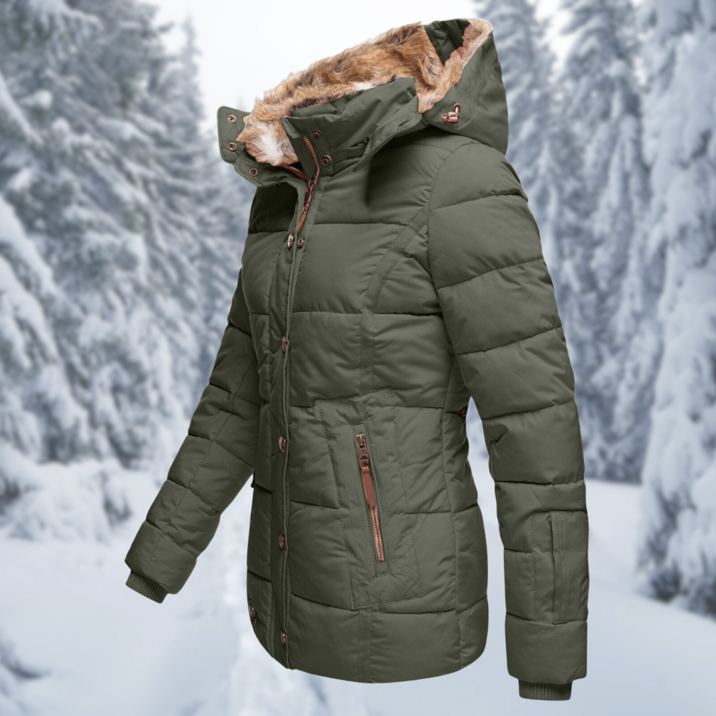 Winterjacke Damen Tailliert mit Kapuze und Reißverschlusstaschen 1