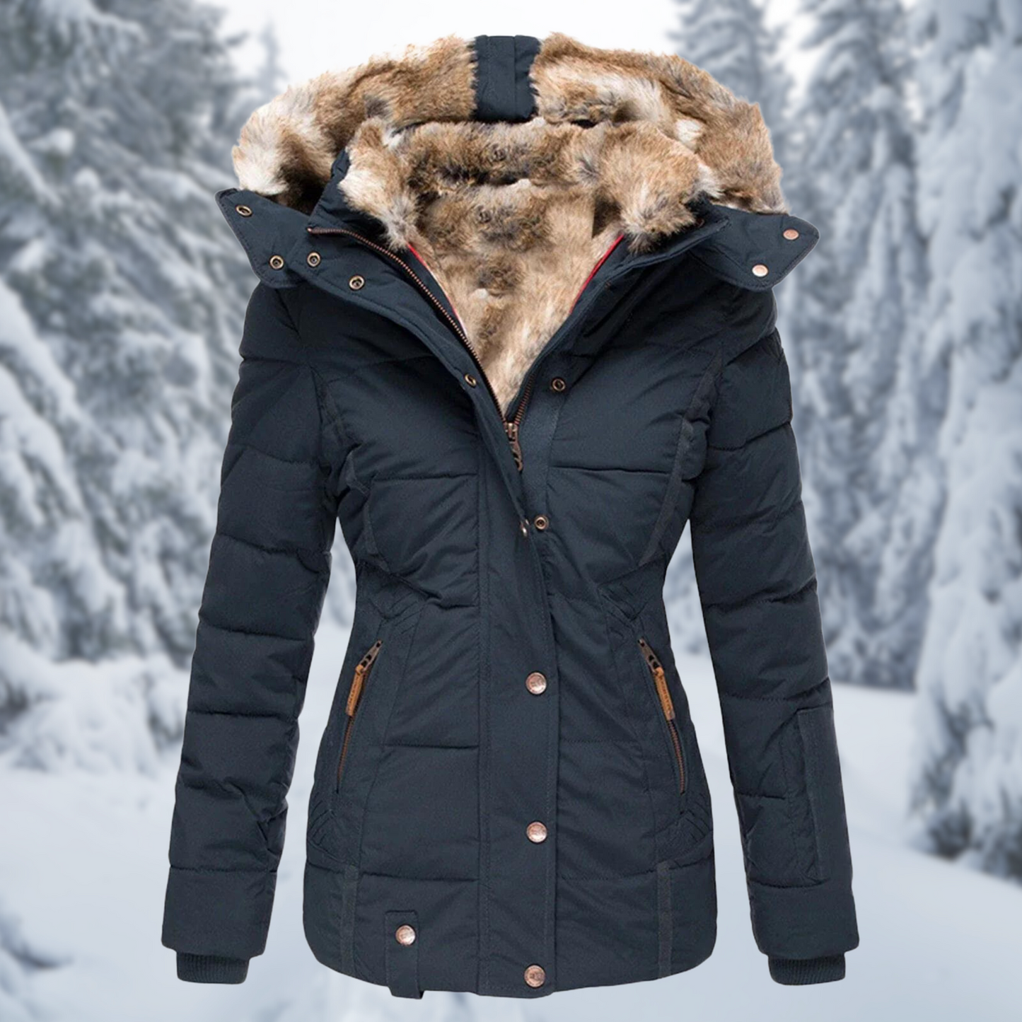 Winterjacke Damen Tailliert mit Kapuze und Reißverschlusstaschen 5