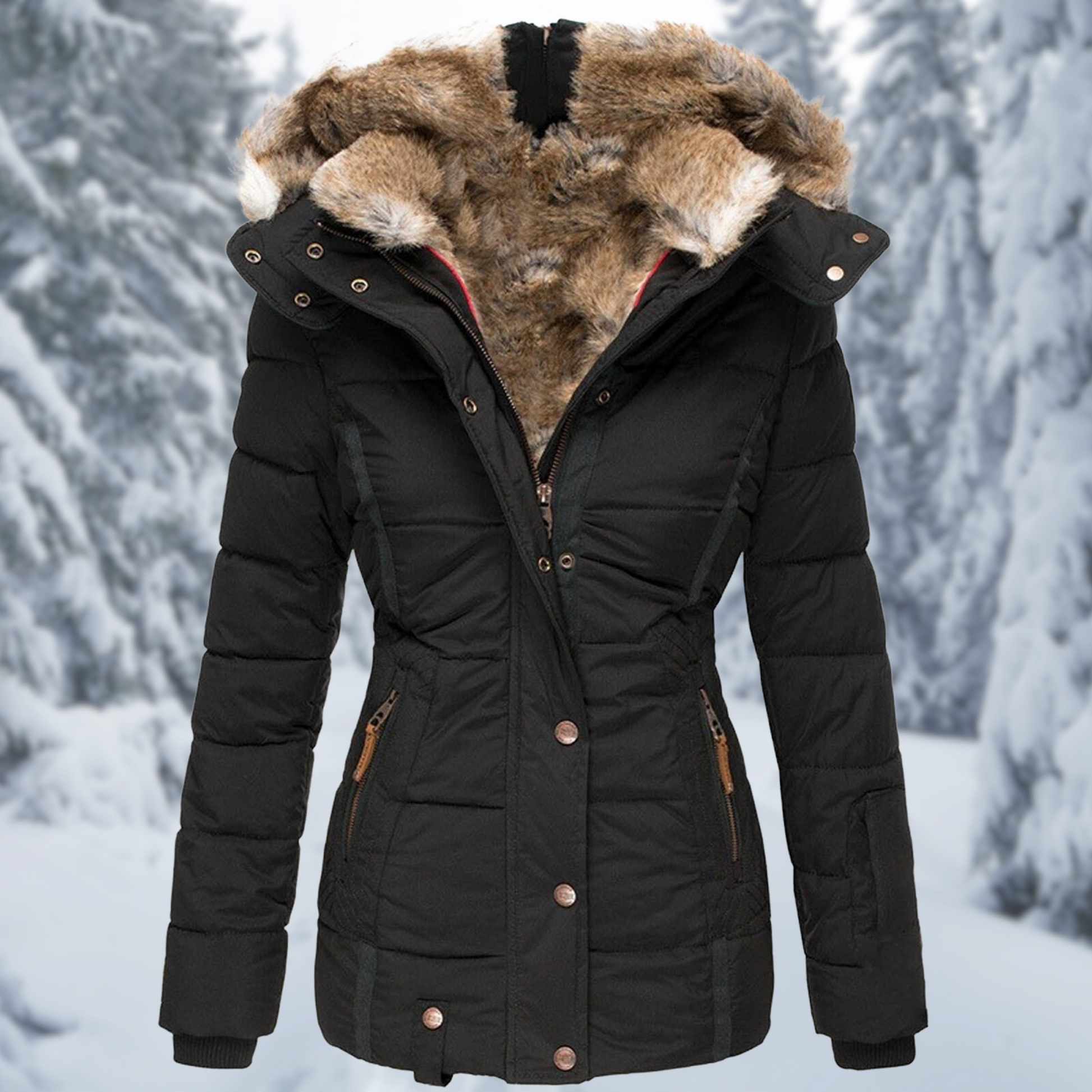 Winterjacke Damen Tailliert mit Kapuze und Reißverschlusstaschen 6
